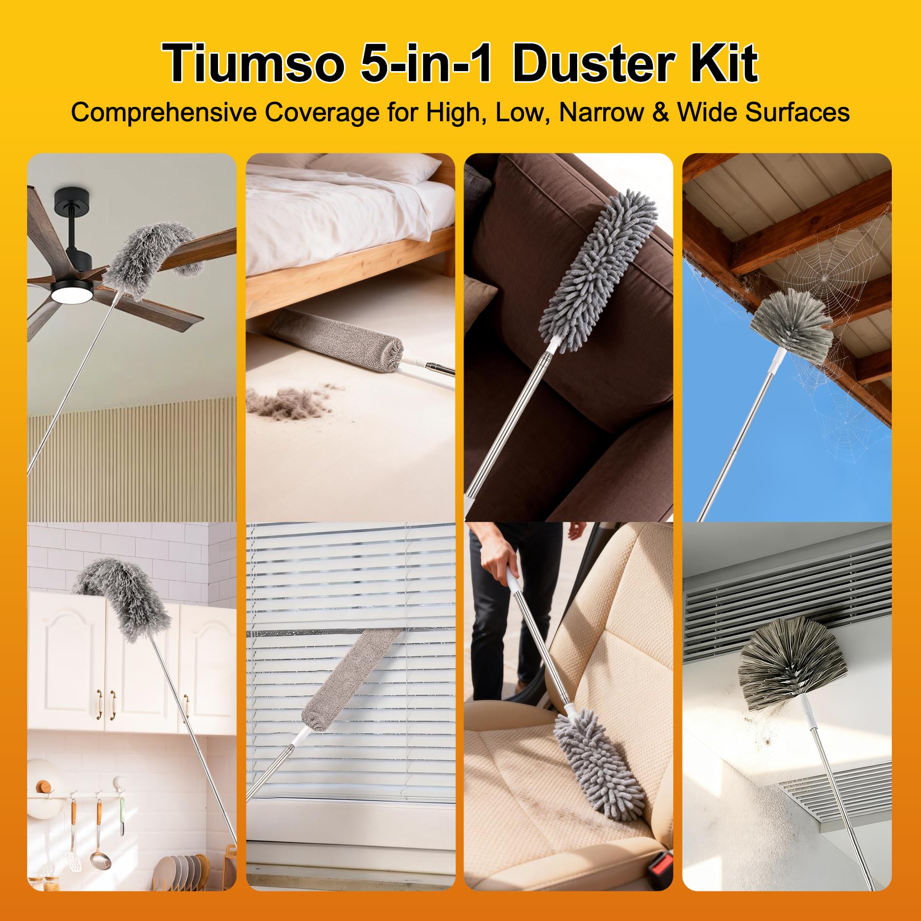 Tiumso Microfiber Feather Duster 5-in-1 Kit, Dusters for Cleaning, Duster with Extension Pole 100