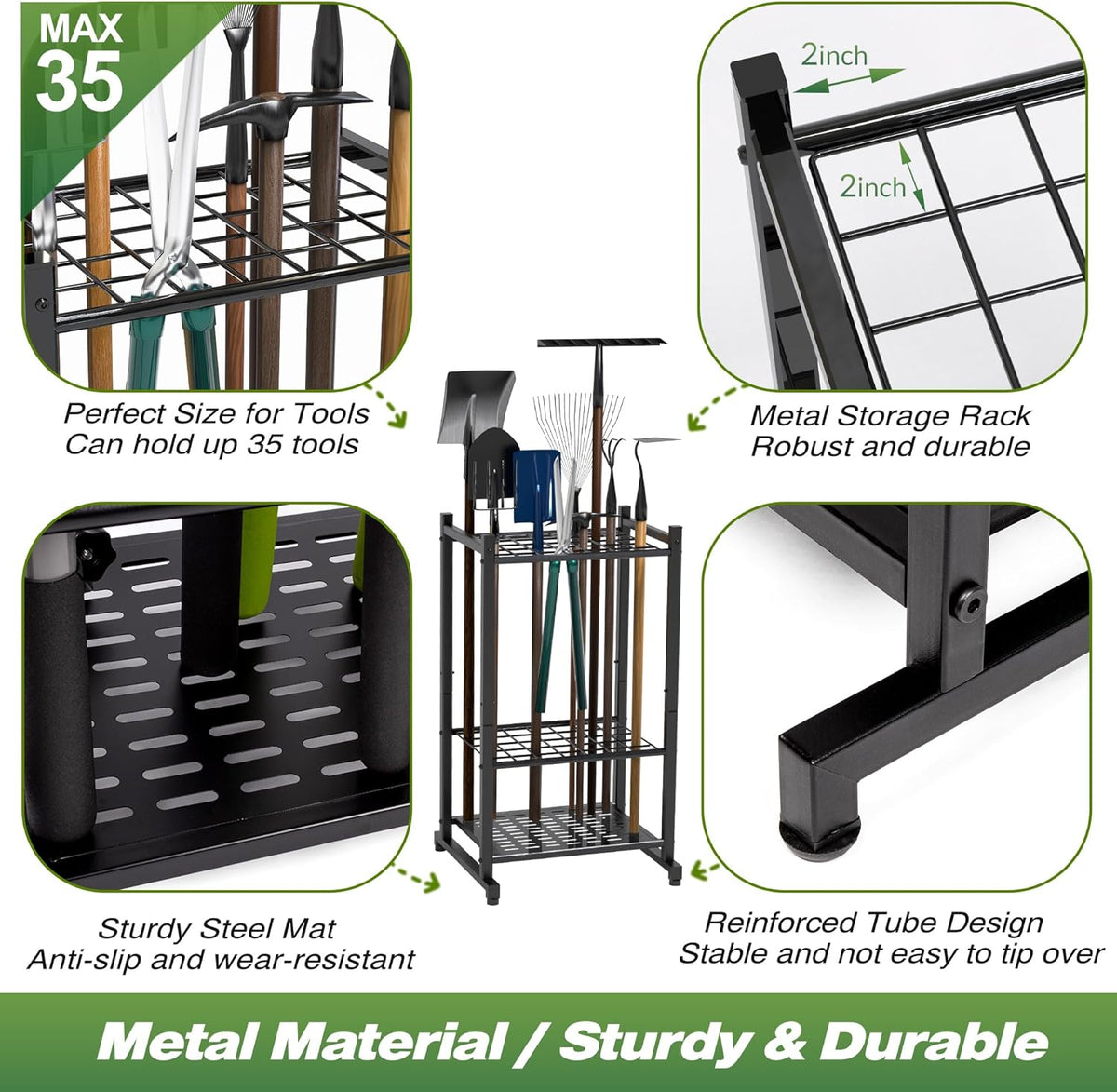 Garden Tool Organizer, Yard Tool Tower Rack for Garage Organization and Storage, Up to 35