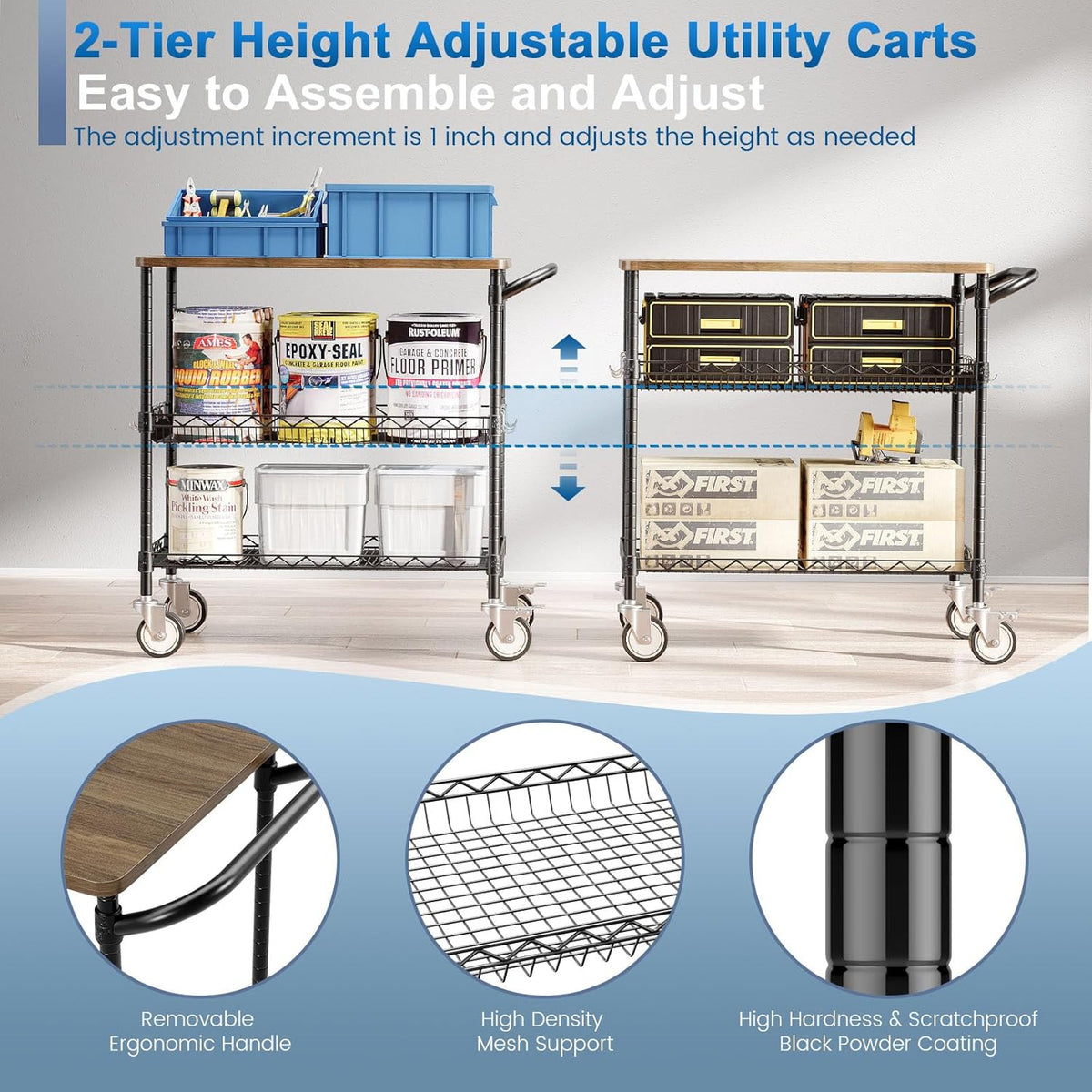 Leteuke Rolling Kitchen Carts with Wheels, 34" L x 17.5" W, 3-Tier Heavy Duty Utility Cart with