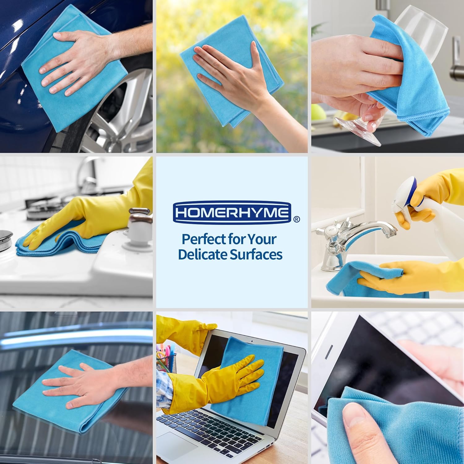 HOMERHYME Microfiber Glass Cleaning Cloth - 10 Pack Polishing Cloths, 16" x 14" Window Cleaning