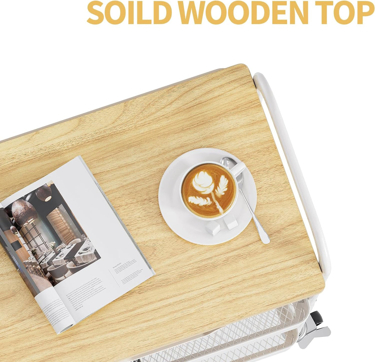 TOOLF 3-Tier Metal Utility Rolling Cart with Drawer and Wooden Table Top, Storage Cart White