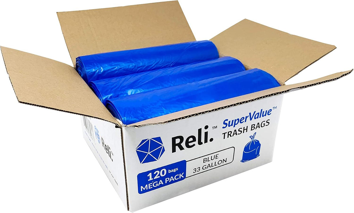 Reli. SuperValue 33 Gallon Recycling Bags (120 Count) Made in the USA - Blue Trash Bags, 30-33