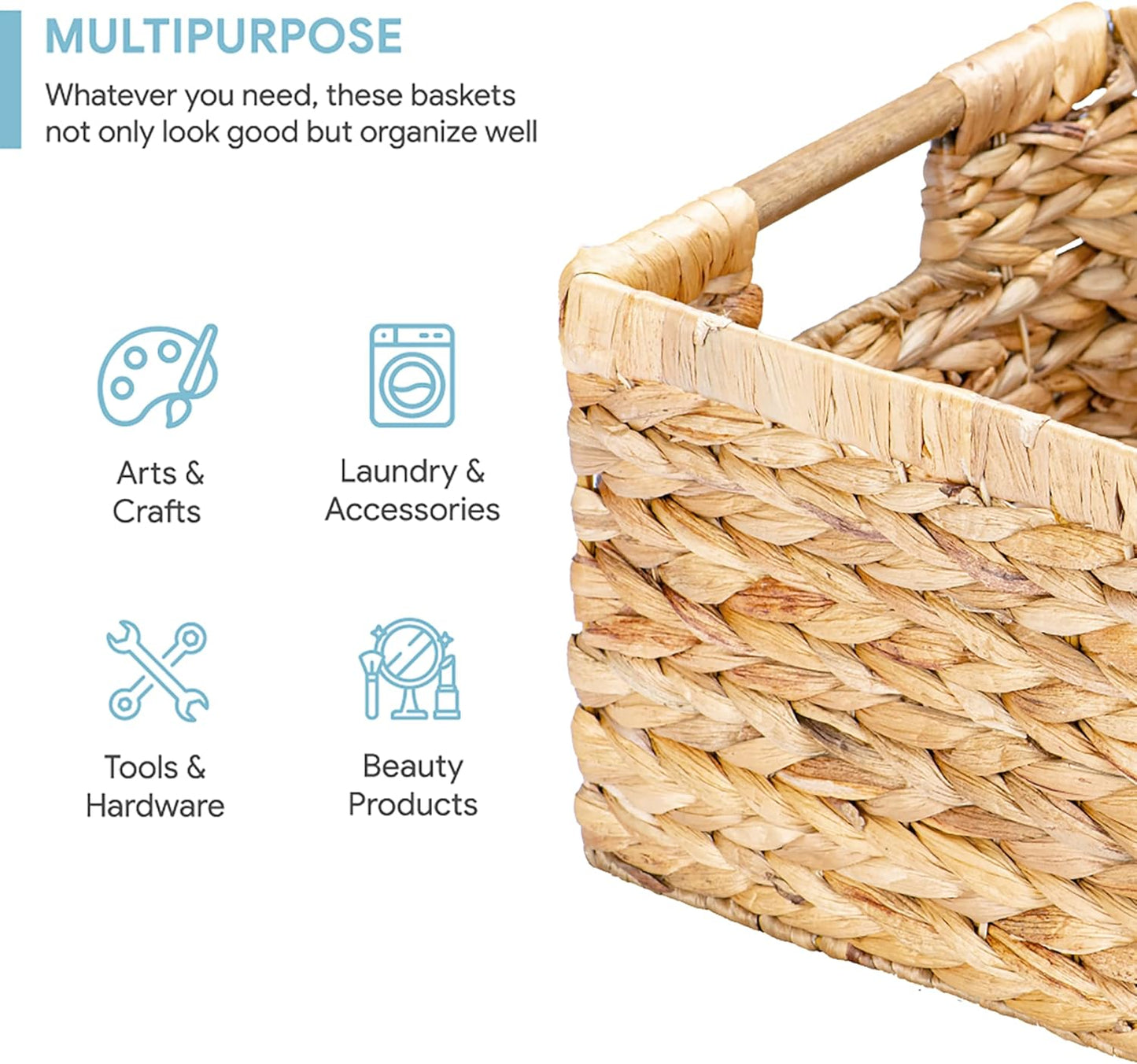 Large Wicker Basket Rectangular with Wooden Handles for Shelves, Water Hyacinth Basket Storage