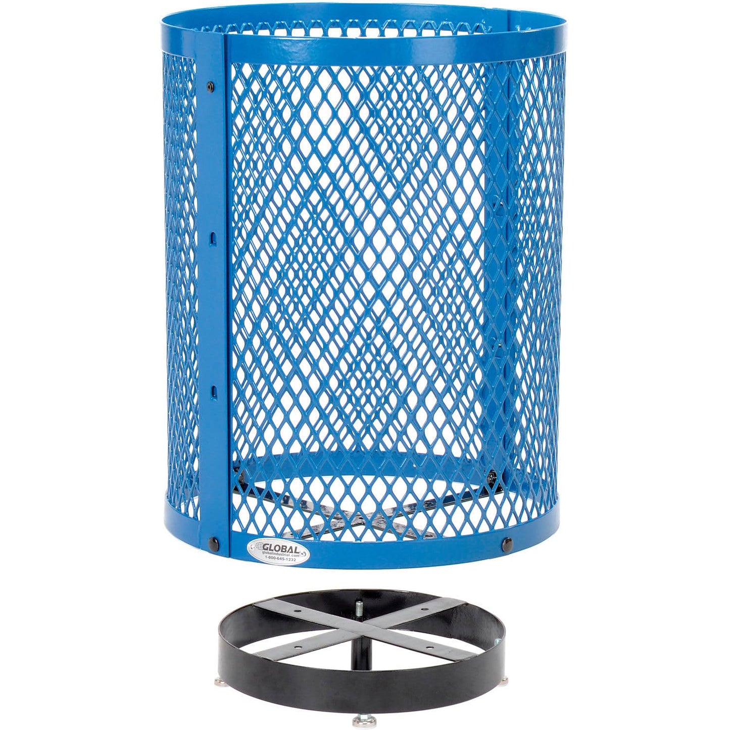 Global Industrial Outdoor Diamond Steel Trash Can with Rain Bonnet Lid, Raised Base and Plastic