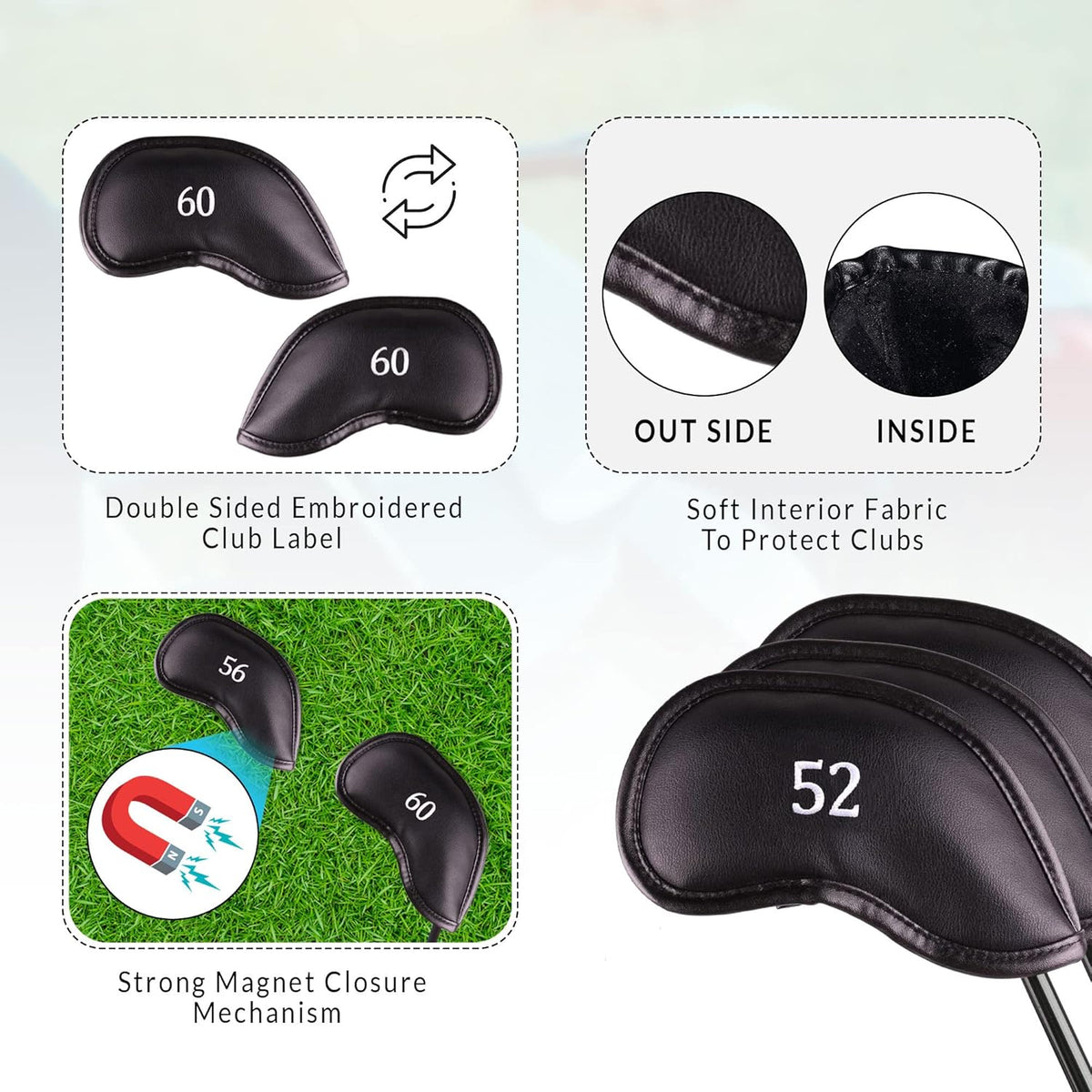 Premium Magnetic Leather Iron and Wedge Golf Club Head Covers | Set of 10 | Fits Most Clubs |
