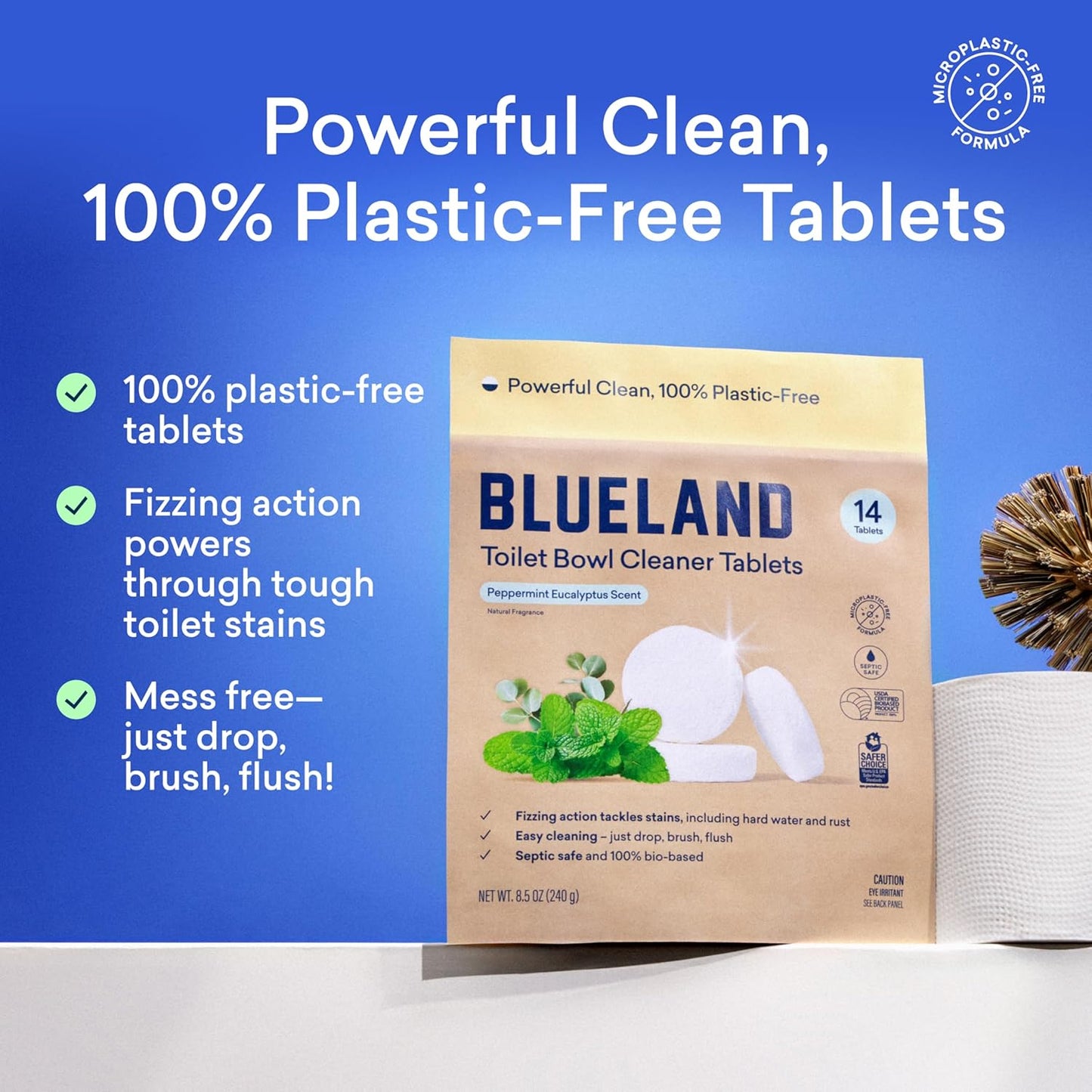 BLUELAND Toilet Bowl Cleaner Tablets, Starter Set, 14 Count with Tin, Peppermint Eucalyptus