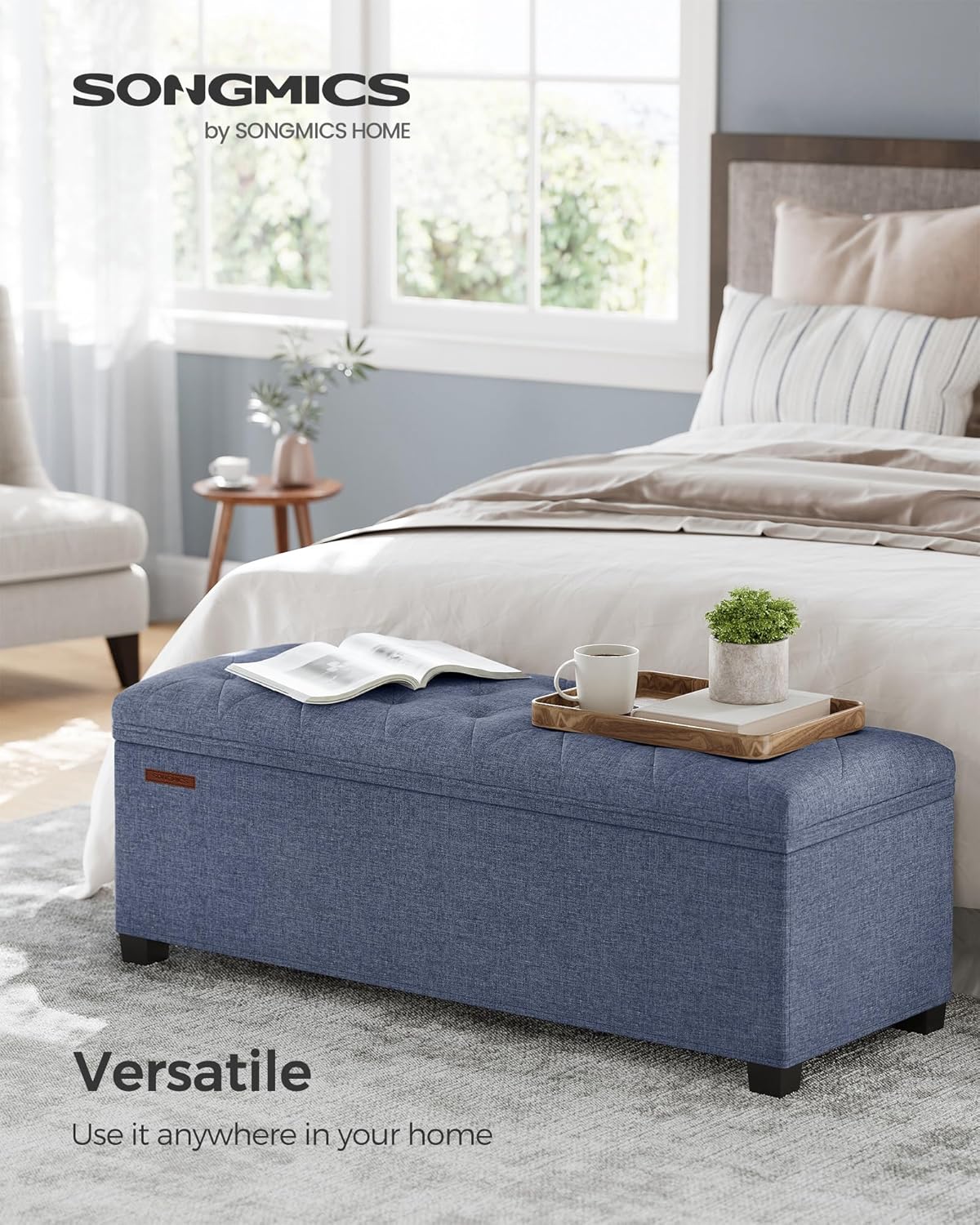 SONGMICS Storage Ottoman Bench, Foot Rest with Legs, 15.7 x 43.3 x 15.7 Inches, End of Bed Bench