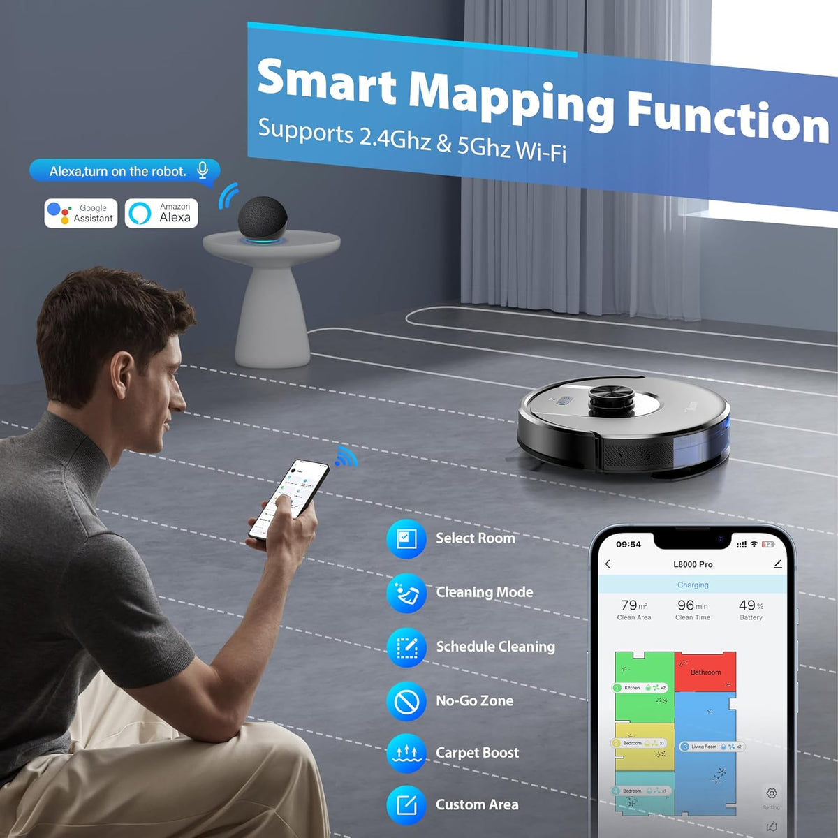 Tikom Robot Vacuum and Mop Combo, 6000 Pa Automatic Robotic Vacuum Cleaner, Smart Mapping, 150 Min