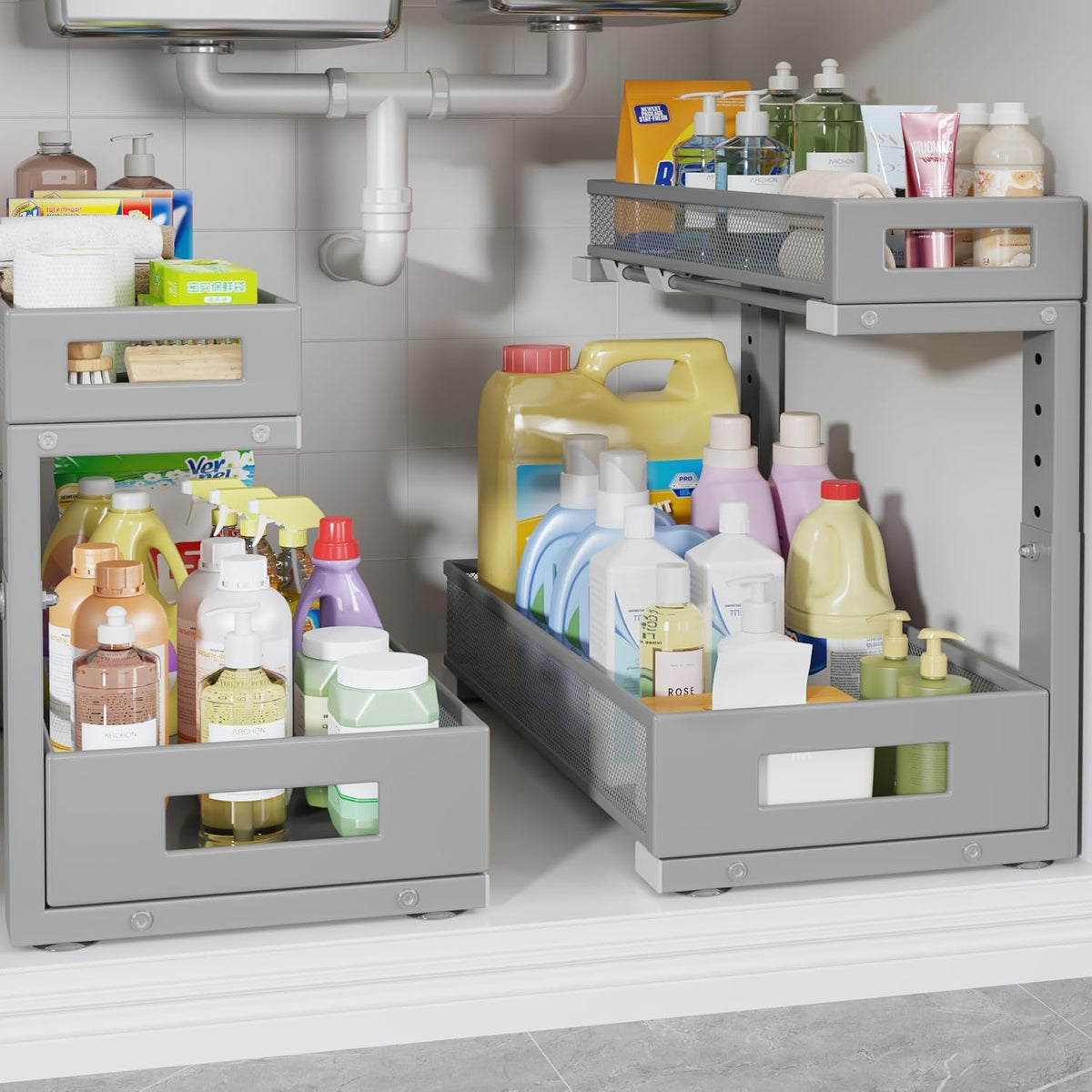 2 Pack 17IN Depth Under Sink Storage Organizer, Large 2-Tier Elegant Mesh Pull Out Shelf for