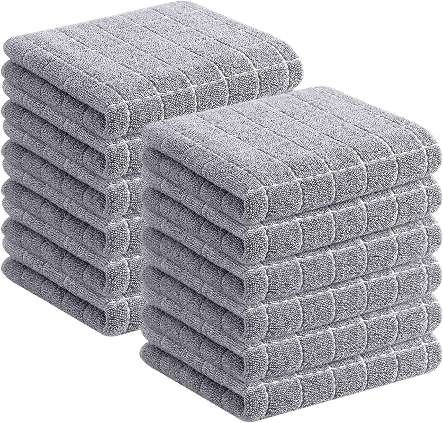 Homaxy 100% Cotton Terry Kitchen Towels(Light Grey, 13 x 28 inches), Checkered Designed, Soft and
