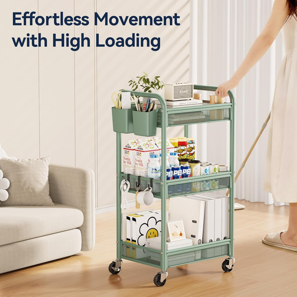 YASONIC 3 Tier Rolling Cart – Metal Utility Storage Cart with Wheels, Craft Carts Organizer with