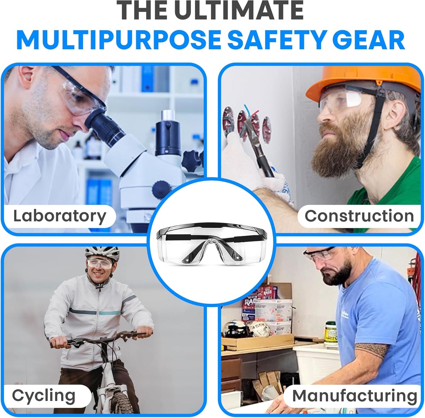 Safety Glasses, Full Coverage Lens, Built-in Brow Guard, UV Resistant, Anti-Fog, Anti-Scratches