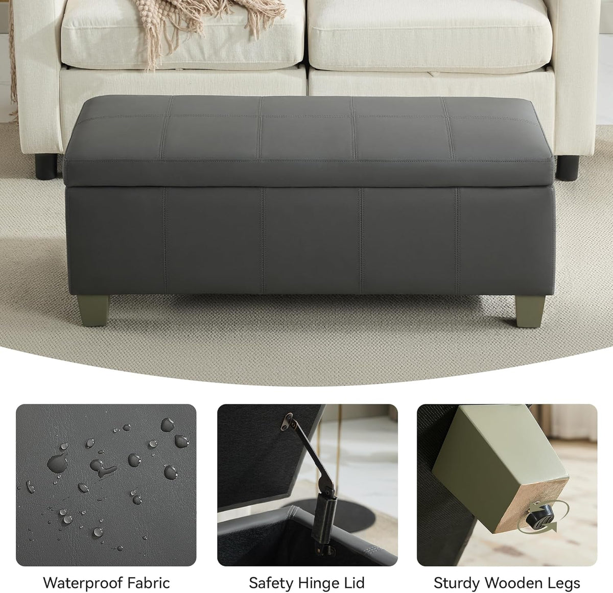 41" Faux Leather Storage Ottoman, Stitch Tufted Rectangle Upholstered End of Bed Storage Bench