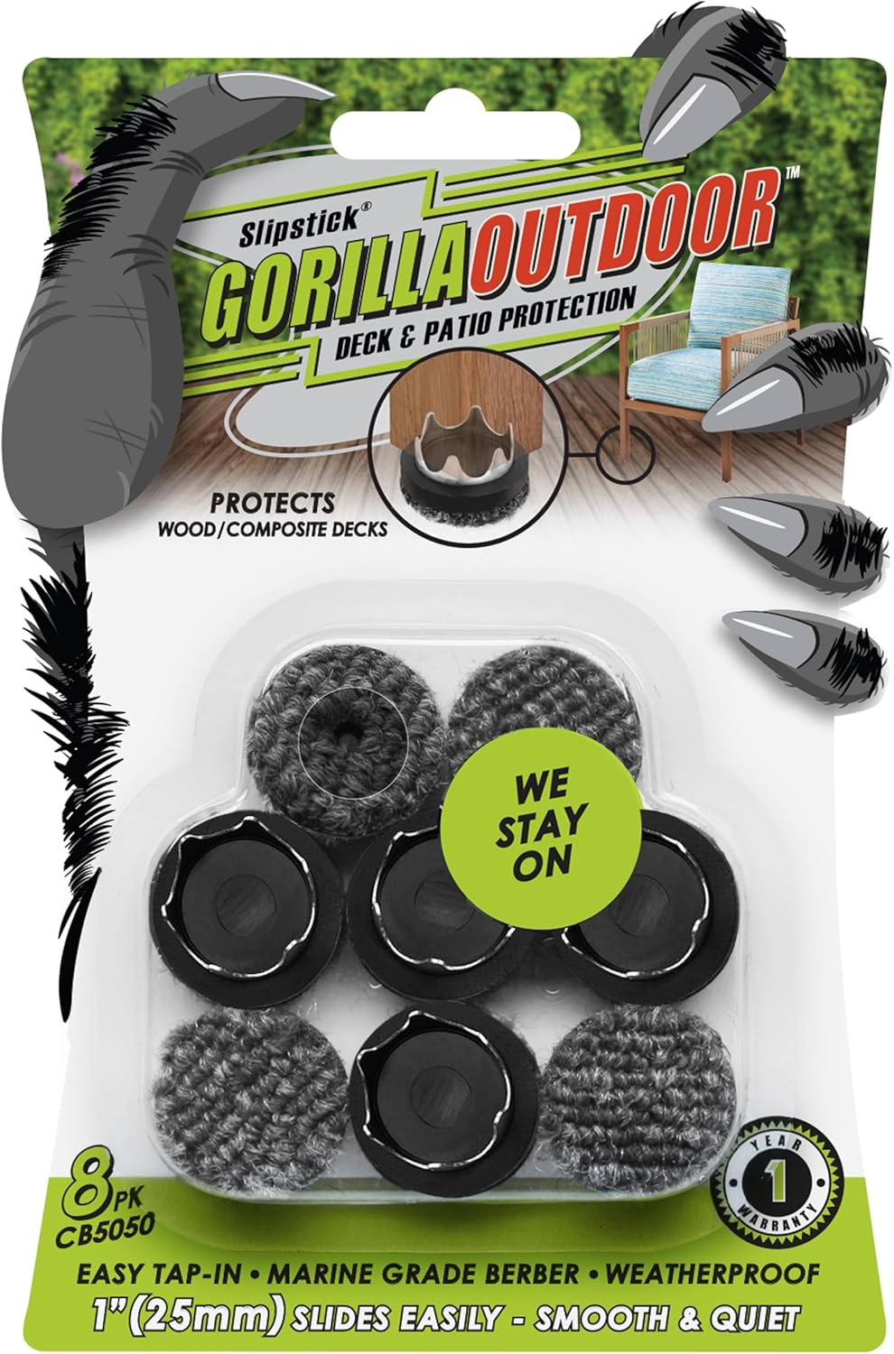 Gorilla Outdoor 1 inch Furniture Feet Floor Protectors/Weatherproof Berber Glides (Set of 8) Hammer
