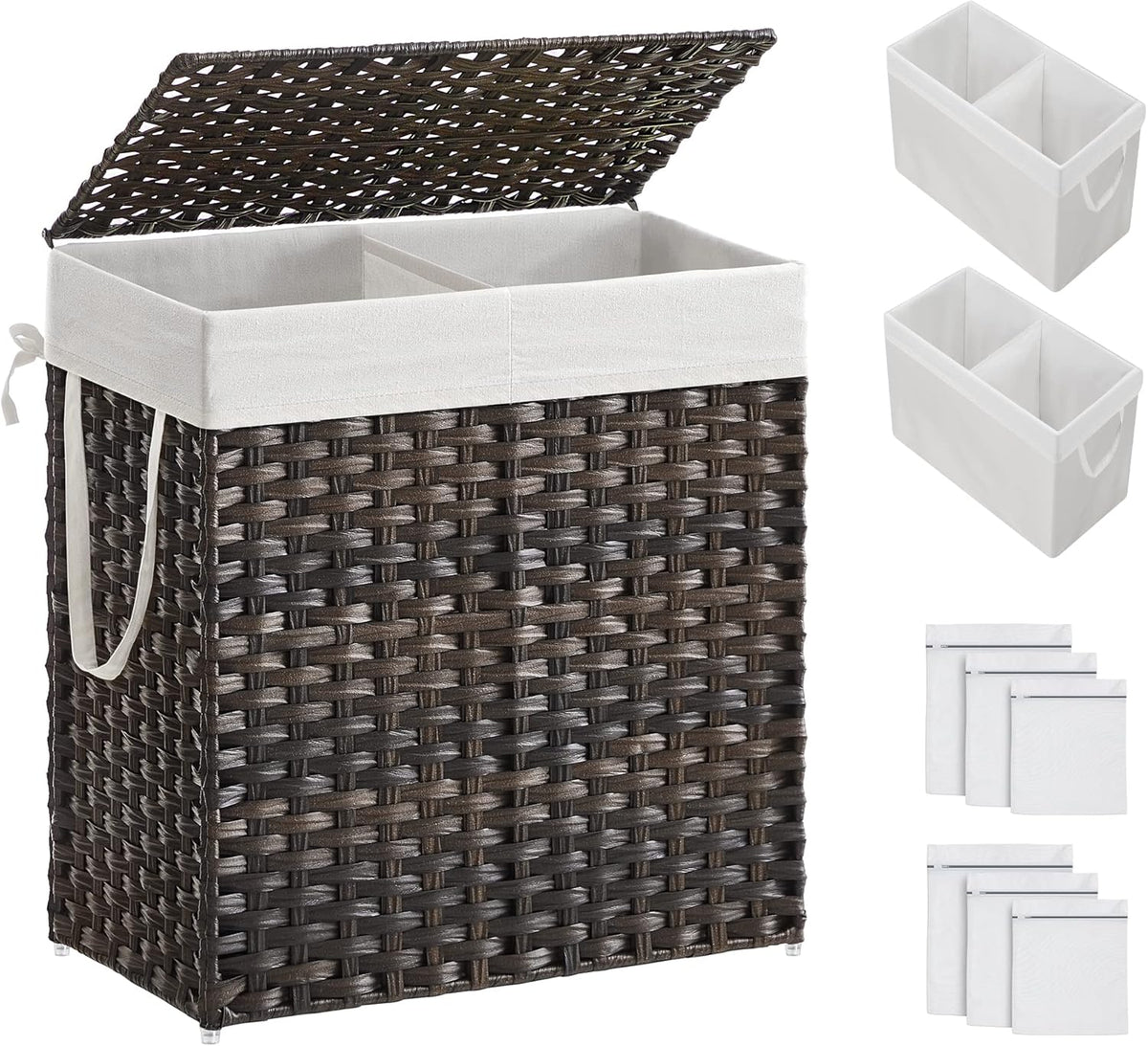 SONGMICS Laundry Hamper with Lid, 110L Clothes Hamper with 2 Removable Liner Bags, 6 Mesh Bags