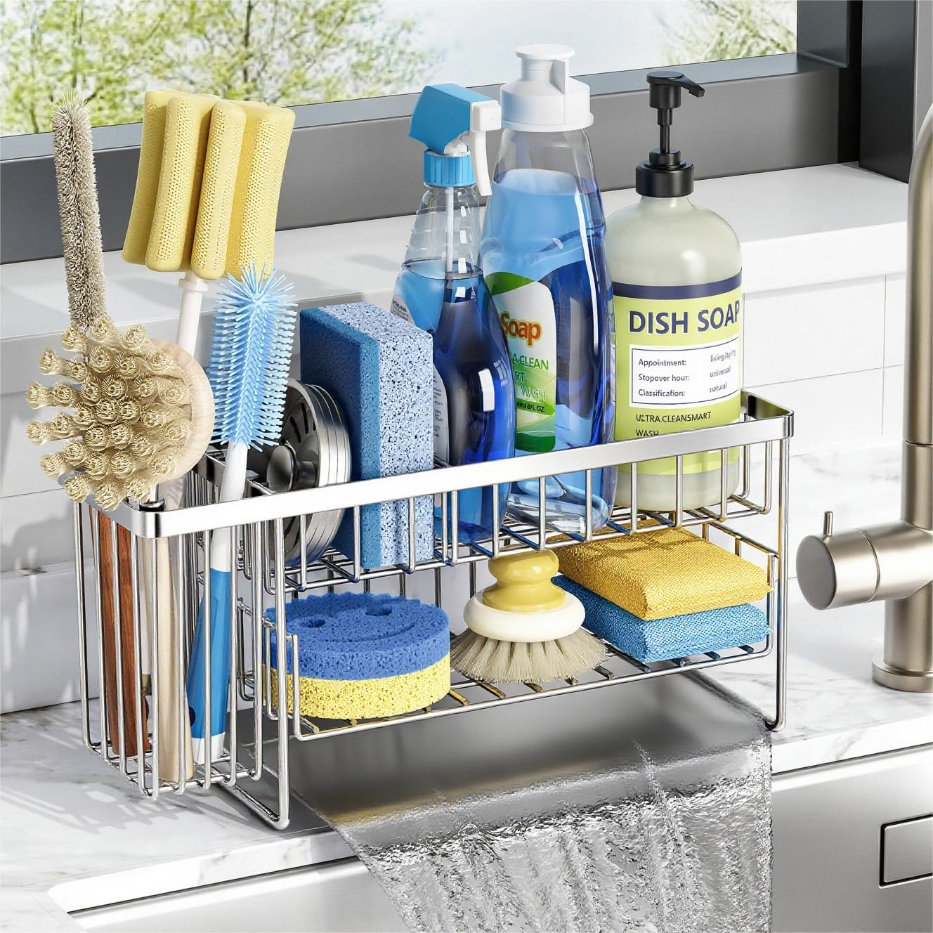 Cisily Silver 2-Tier Kitchen Sink Caddy Organzier Rack with Flexible Dish Brush Holder, Sponge