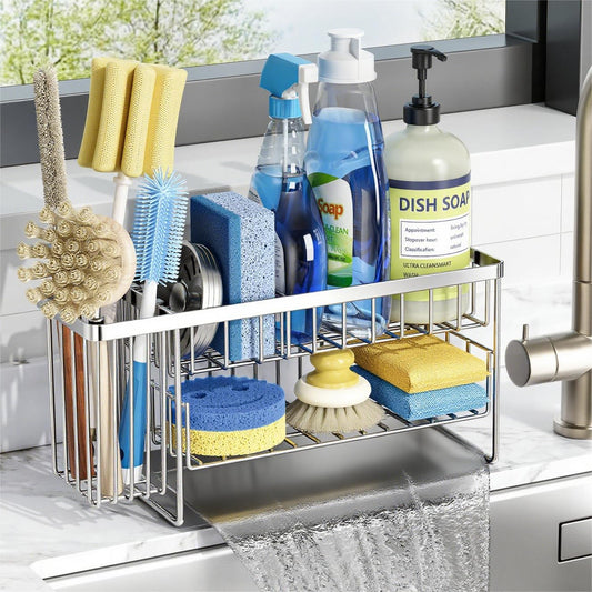 Cisily Silver 2-Tier Kitchen Sink Caddy Organzier Rack with Flexible Dish Brush Holder, Sponge
