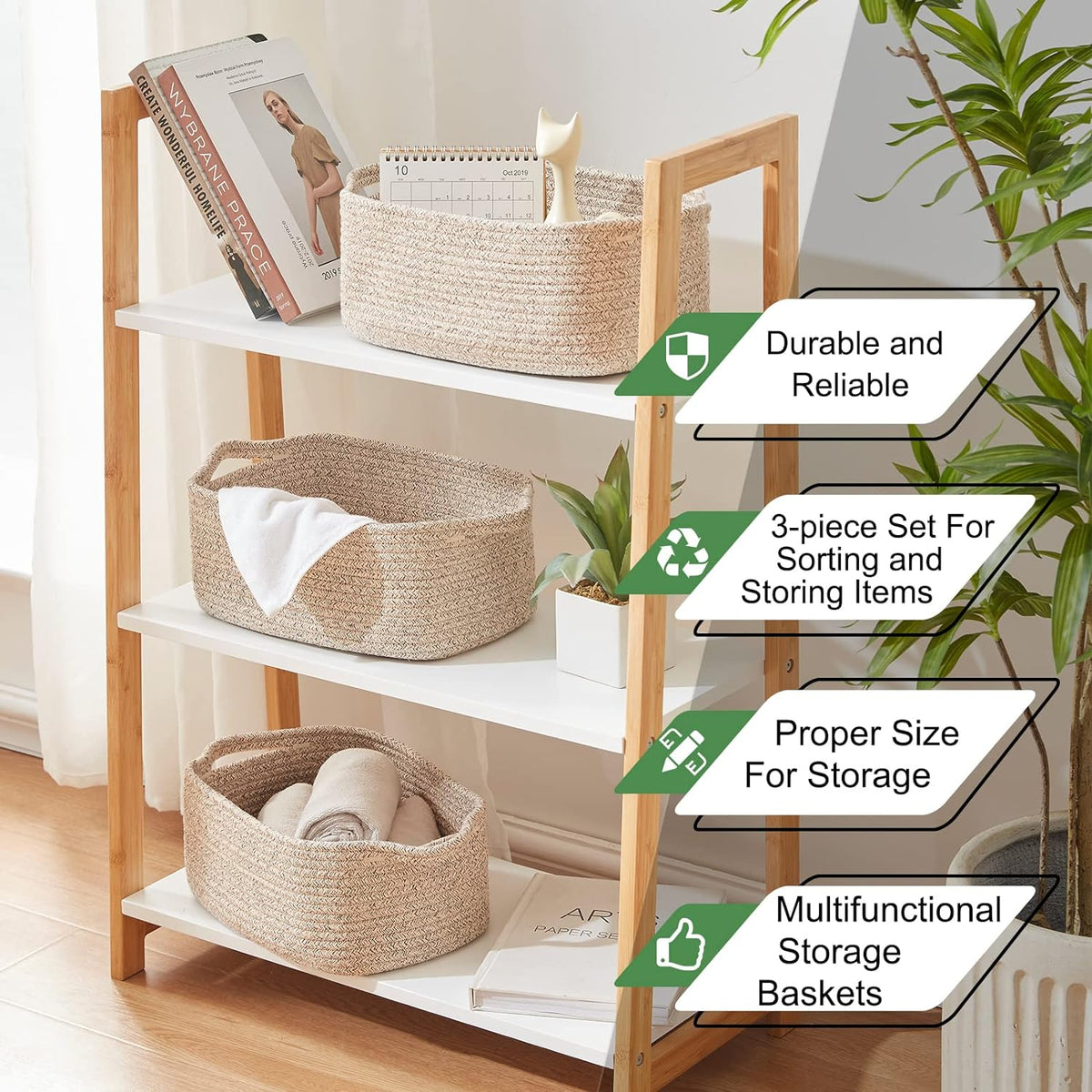 OIAHOMY Cotton Rope Baskets, Woven Baskets for Storage, Nursery Storage Baskets, Rectangle Storage