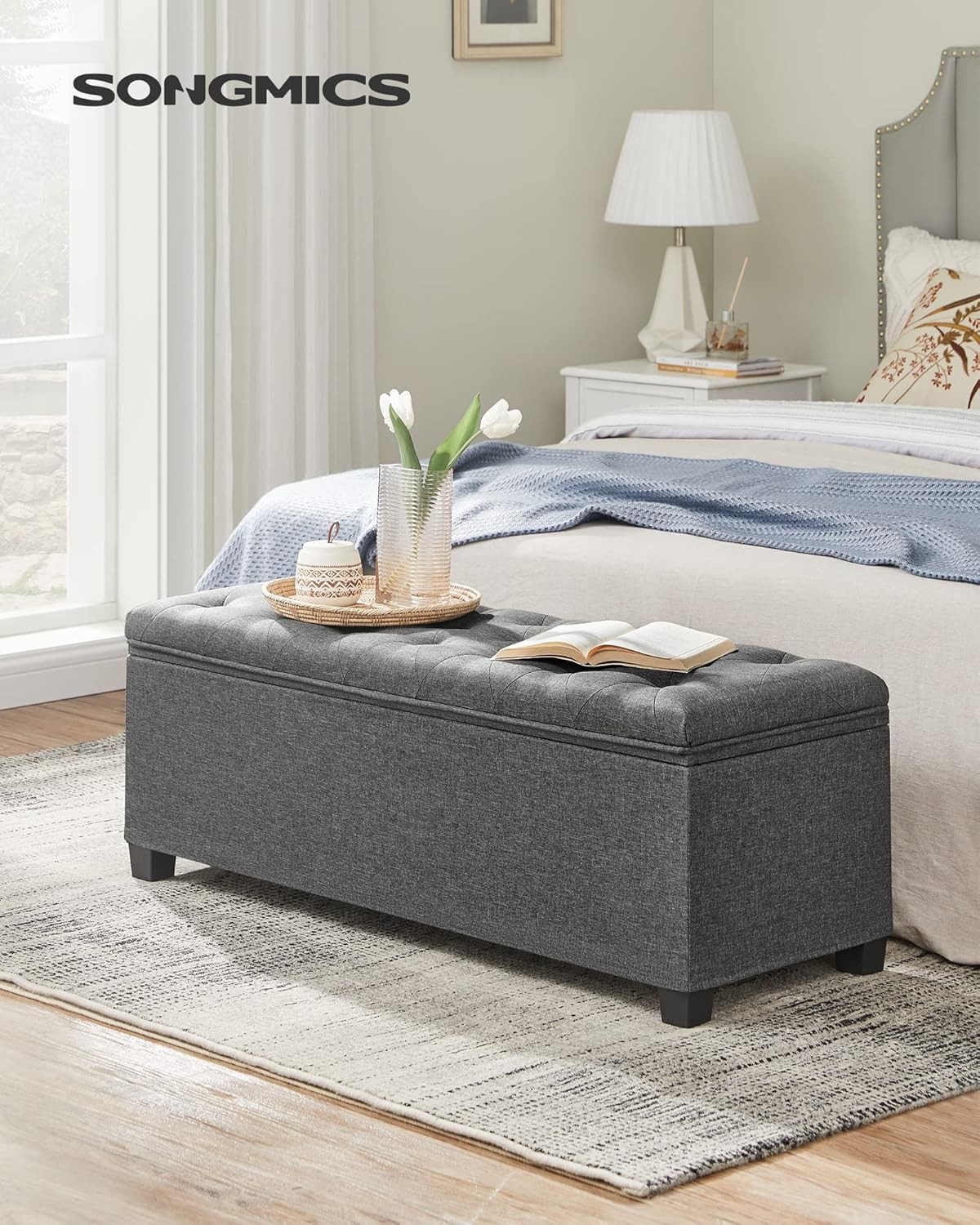 SONGMICS Storage Ottoman Bench, Foot Rest with Legs, 15.7 x 43.3 x 15.7 Inches, End of Bed Bench