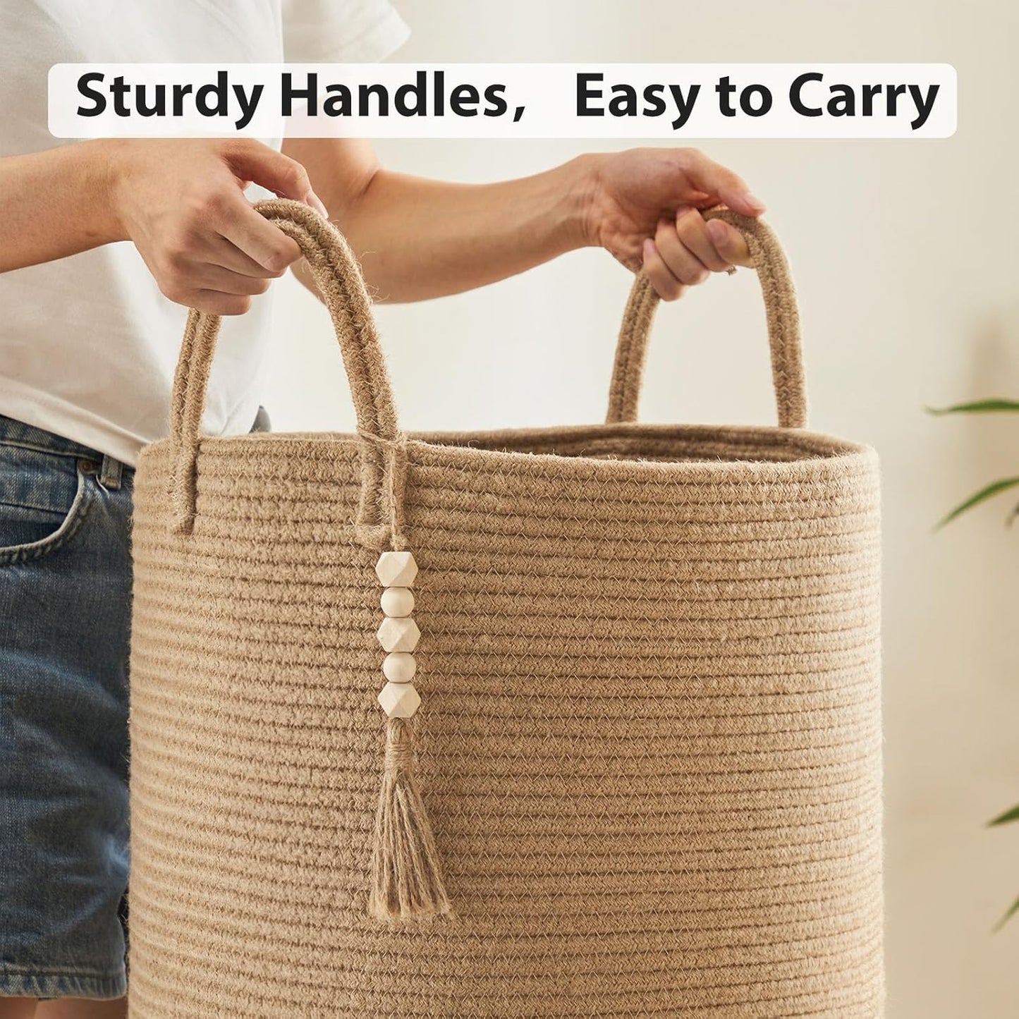 Jute Woven Rope Laundry Hamper, Tall Laundry Basket for Blanket Storage, Large Dirty Clothes Hamper