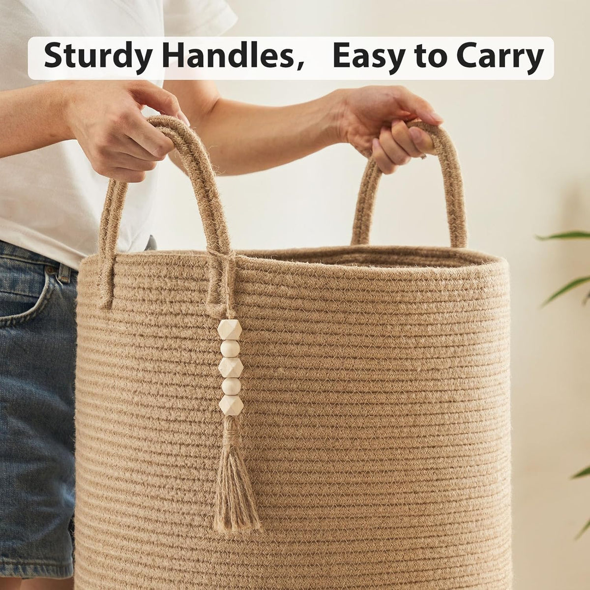 Jute Woven Rope Laundry Hamper, Tall Laundry Basket for Blanket Storage, Large Dirty Clothes Hamper