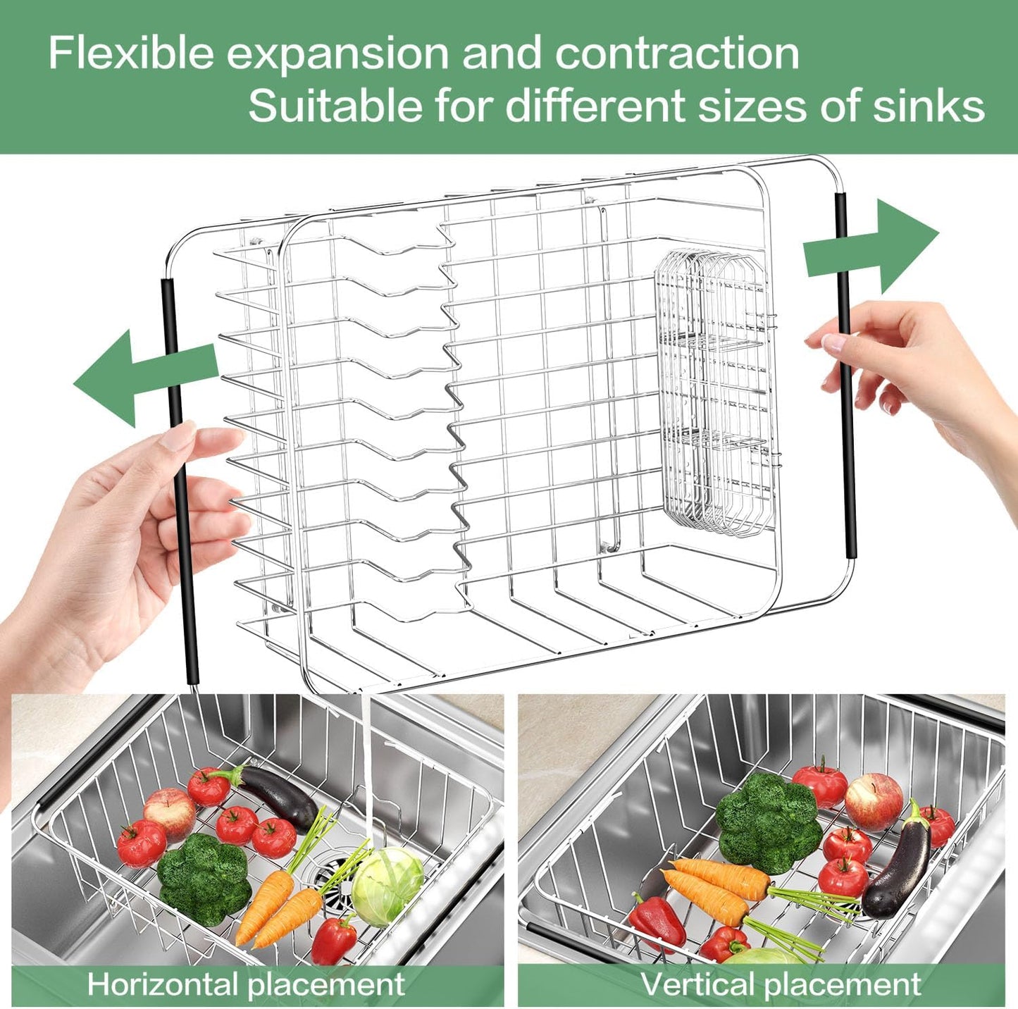 Large Dish Drainer Rack in Sink Adjustable, Expandable 304 Stainless Steel Metal Dish Drying Rack