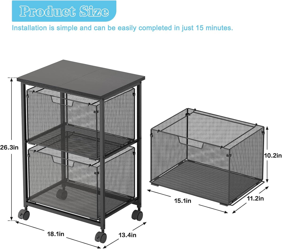 Letter/Legal Rolling File Cart with 2 Storage Drawers, Under Desk Storage, Vertical Filing Cabinet