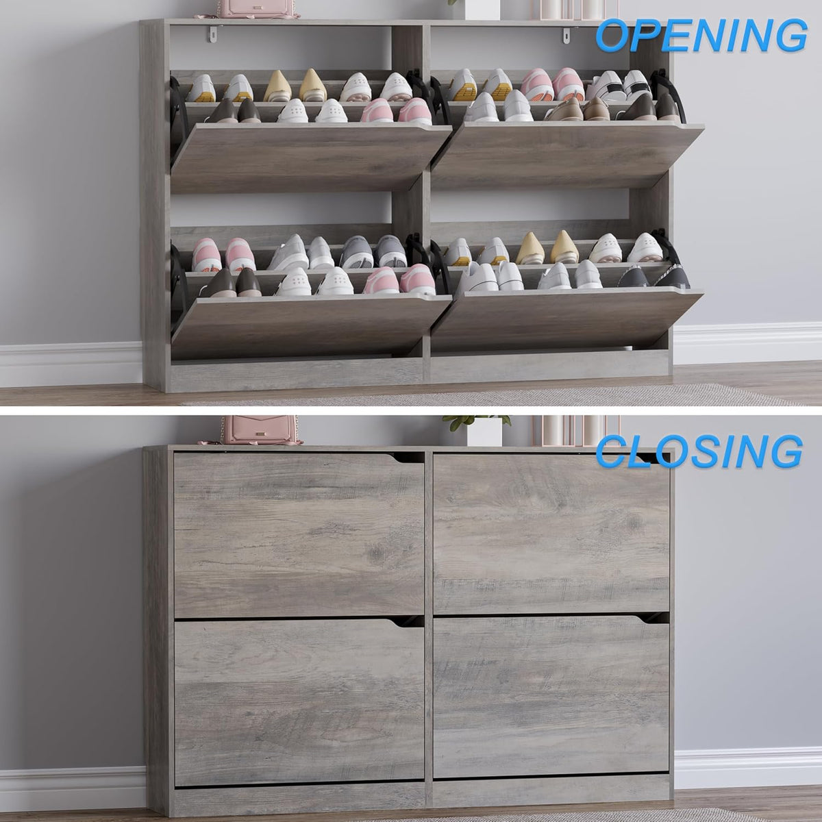 Shoe Cabinet with 4 Flip Drawers, Narrow Hidden Shoe Storage Cabinet, Slim Freestanding Shoe Rack
