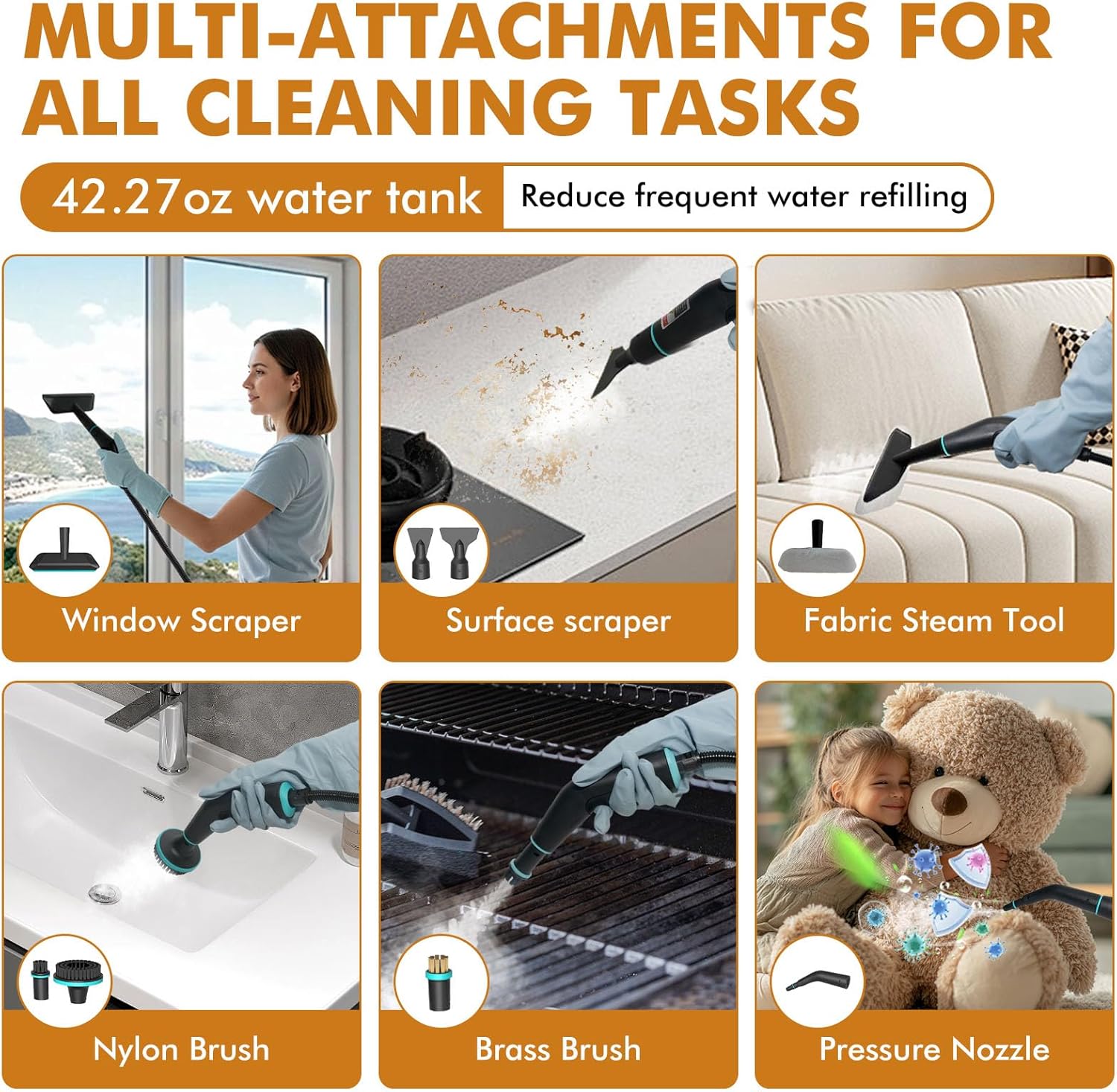 Handheld Steam Cleaner for Home,15s Heat-Up 42.27oz Tank,2500W Portable Steamer for Cleaning,with