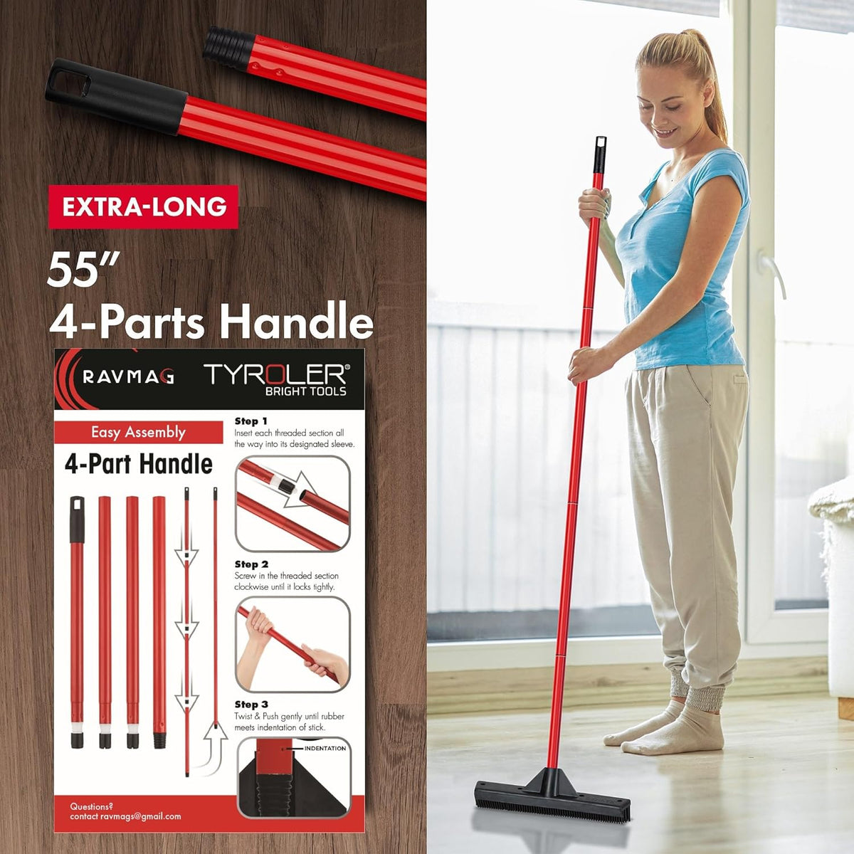 Pet Hair Remover Rubber Broom with Built in Squeegee - Carpet Rake for Pet Hair Removal on Hardwood