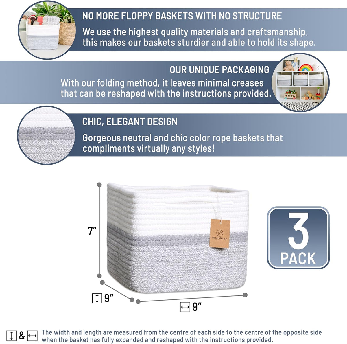 NaturalCozy Storage Cubes 9”x9”x7”Cotton Rope Woven Baskets for Organizing 3-Pack | 9 Inch Cube