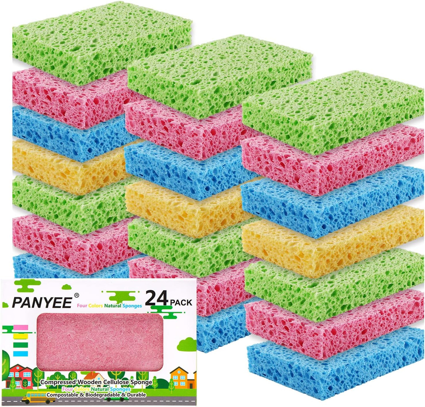 Compressed Cellulose Kitchen Sponges 24Pack,Non-Scratch Biodegradable Natural Sponge Scrub for