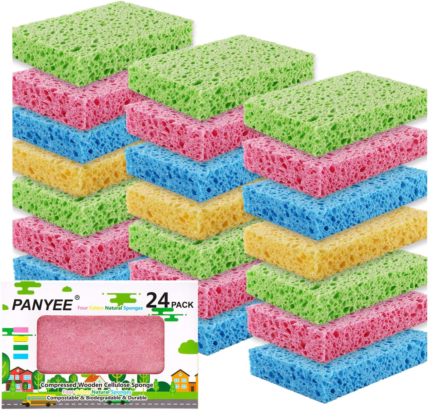 Compressed Cellulose Kitchen Sponges 24Pack,Non-Scratch Biodegradable Natural Sponge Scrub for