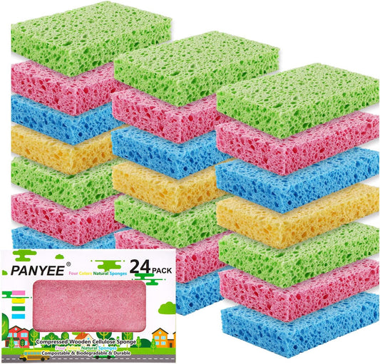 Compressed Cellulose Kitchen Sponges 24Pack,Non-Scratch Biodegradable Natural Sponge Scrub for