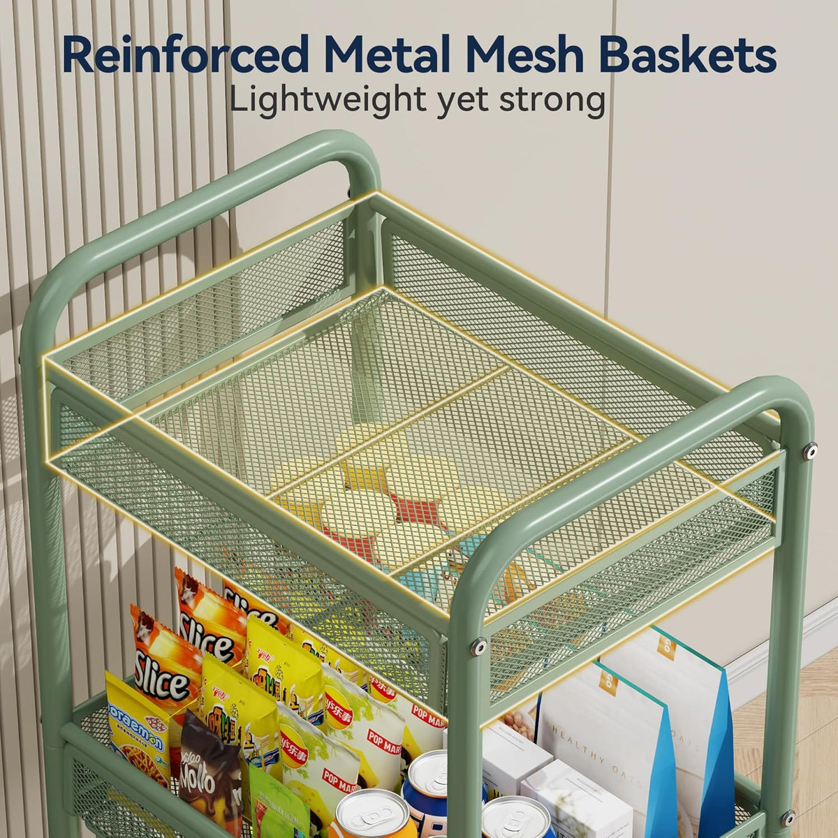 YASONIC 3 Tier Rolling Cart – Metal Utility Storage Cart with Wheels, Craft Carts Organizer with