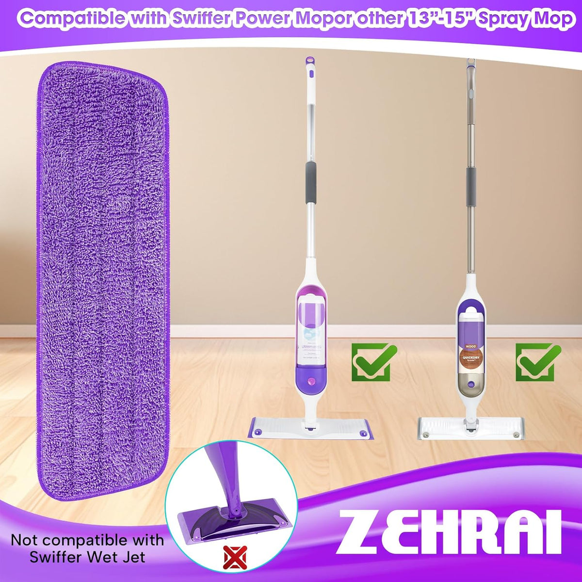 6 Pack Reusable Microfiber Mop Pads for Swiffer PowerMop, Power Mop Refill Pads for 13''-16''