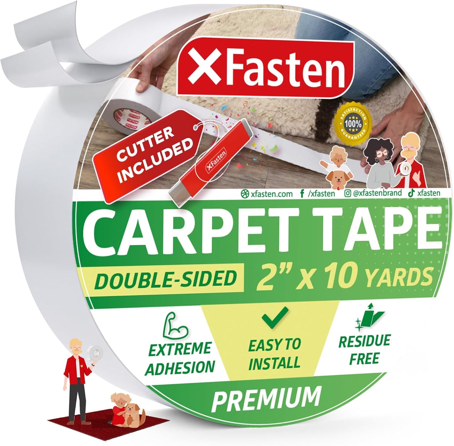 XFasten Double Sided Carpet Tape for Area Rugs, 2 Inch x 10 Yards w/Mini Cutter – Heavy Duty Anti