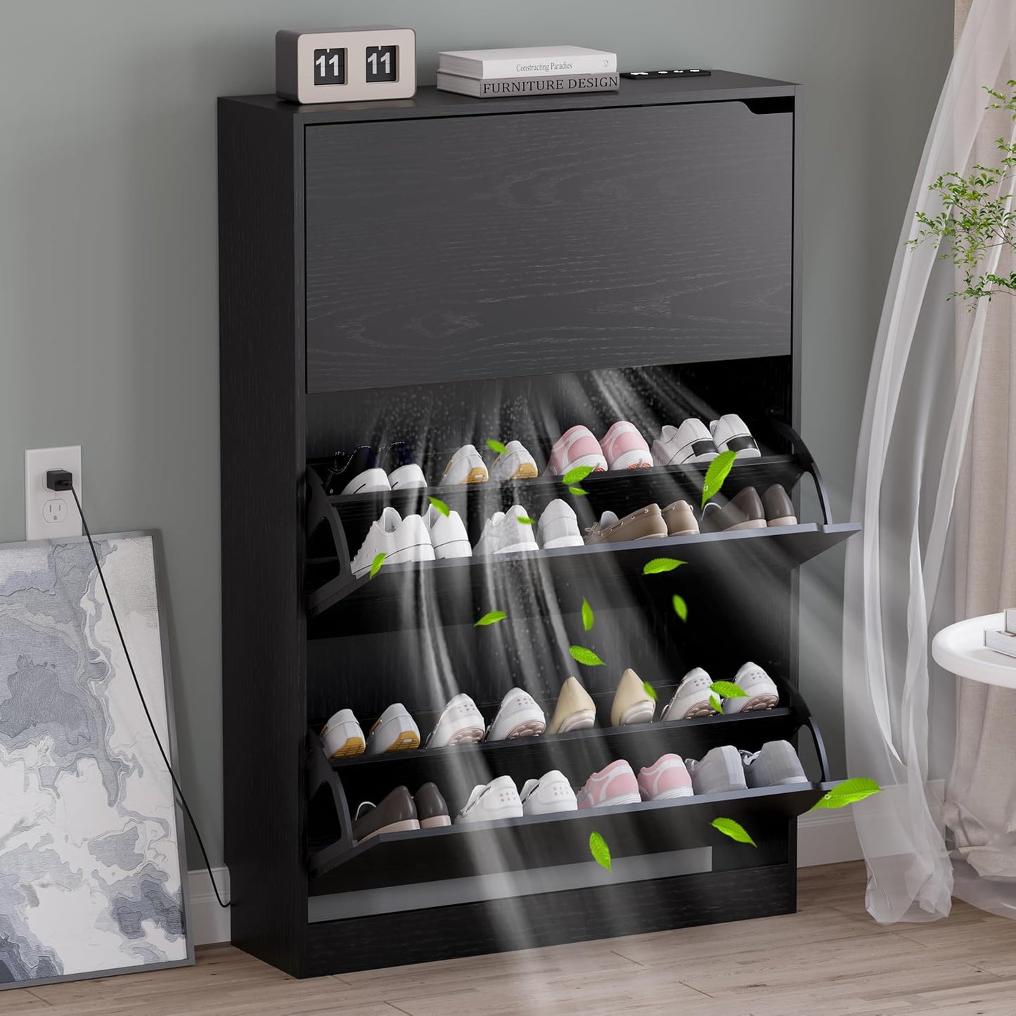 Shoe Cabinet with Odor Control and Back Panels, Deodorizing Slim 3-Flip Shoe Storage Cabinet for