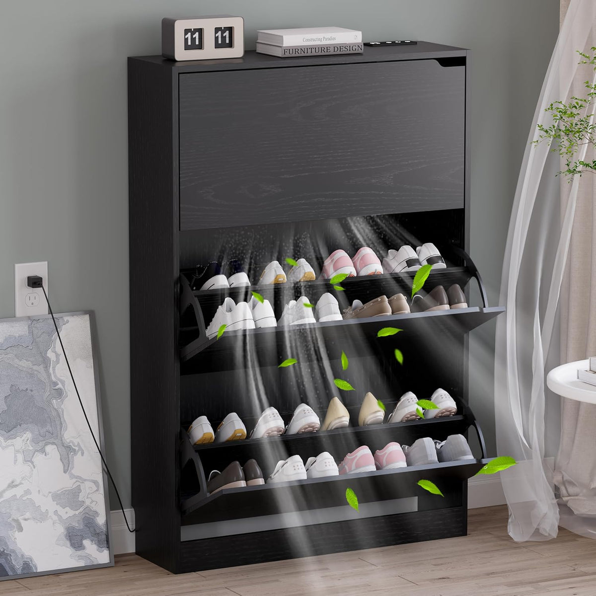 Shoe Cabinet with Odor Control and Back Panels, Deodorizing Slim 3-Flip Shoe Storage Cabinet for