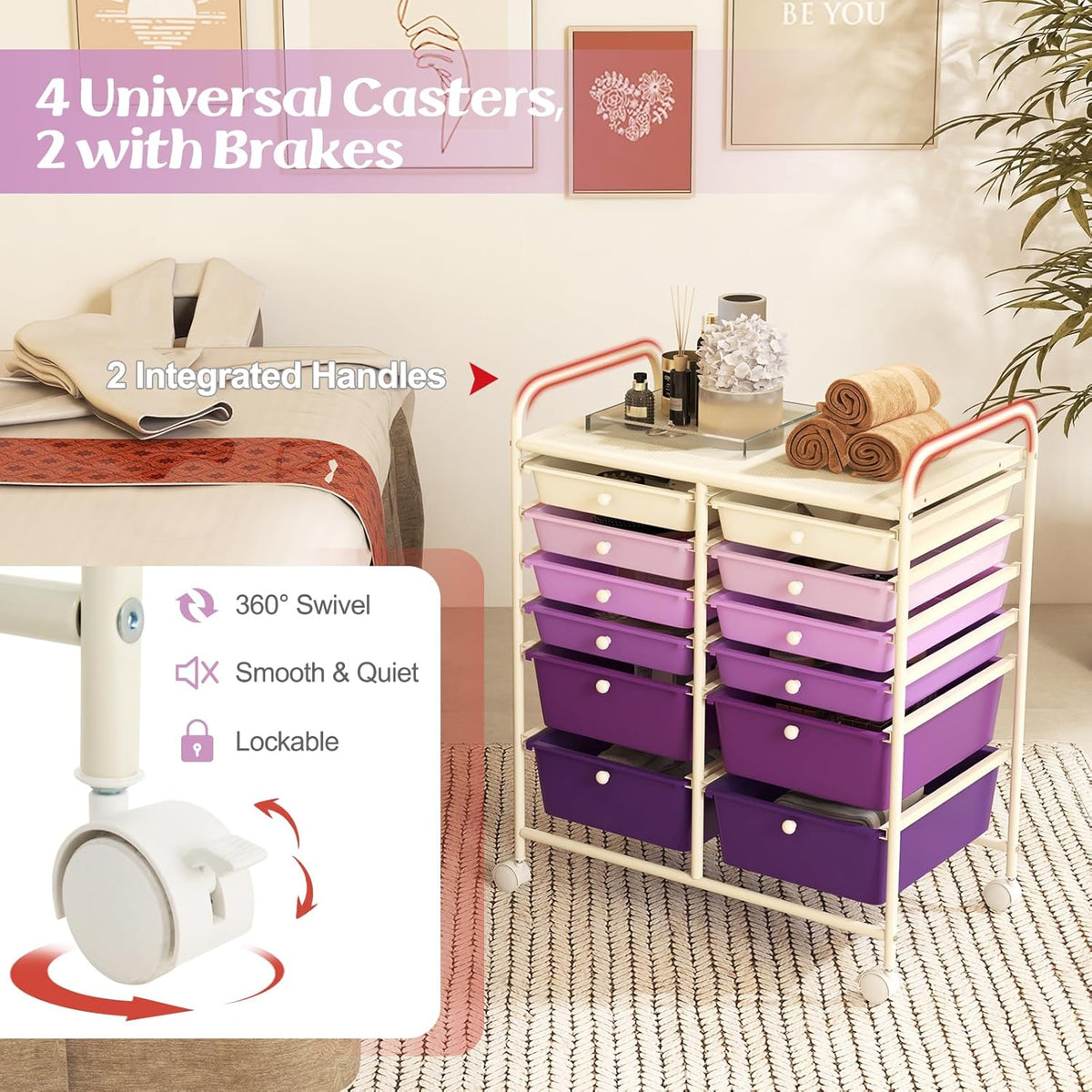 GOFLAME 12-Drawer Rolling Storage Cart, Multipurpose Organizer Cart with 2 Sizes Plastic Drawers