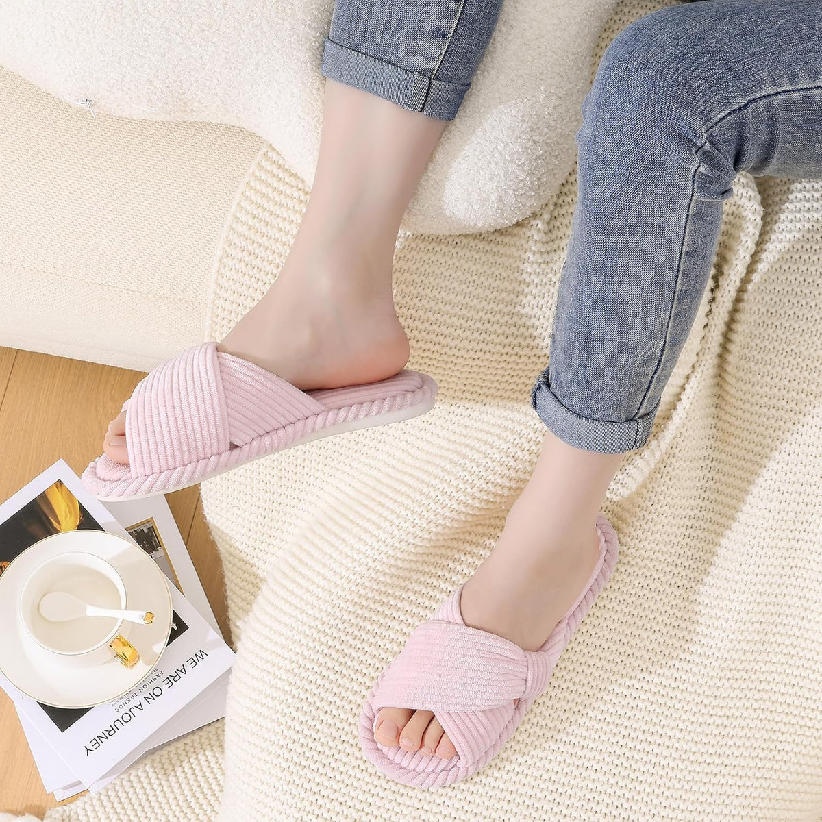 Evshine Summer House Slippers for Women Corduroy Cross Bow Indoor Slippers Open Toe Slip On Bedroom