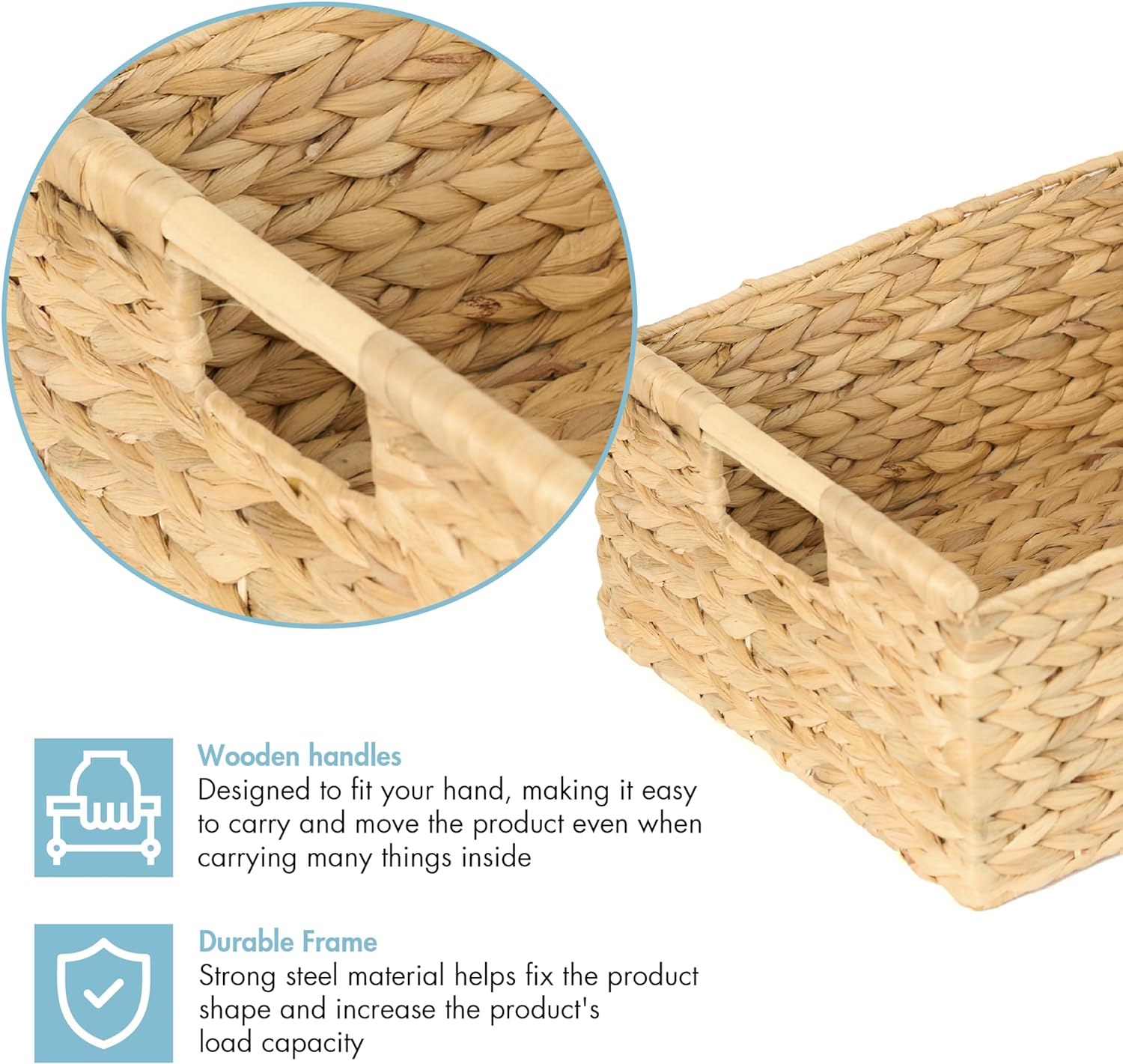 VATIMA Extra Large Wicker Basket Rectangular with Wooden Handles for Shelves, Water Hyacinth Basket