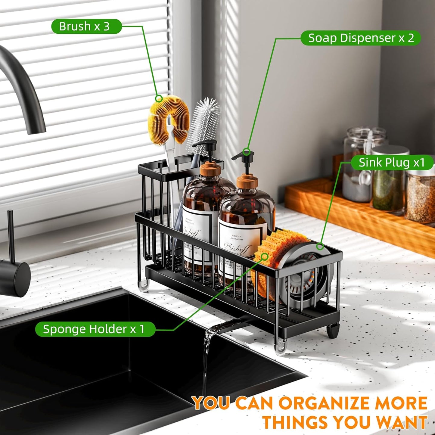 Cisily Extra Large Black Sponge Holder for Kitchen Sink, Sink Caddy Organizer with High Brush