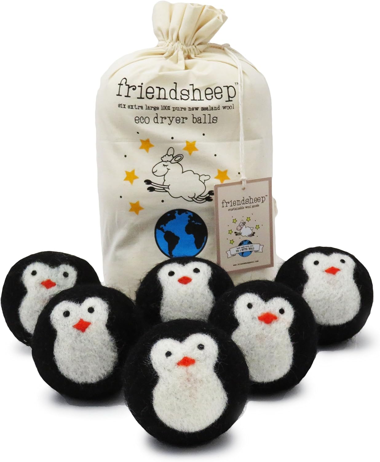 Friendsheep Wool Dryer Balls, Organic Fair Trade Reusable Fabric Softener, Extra Large, 6 Pack