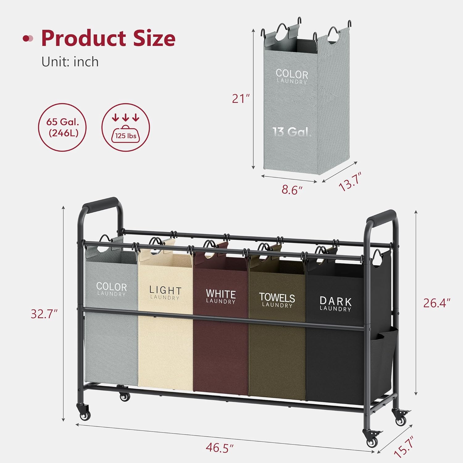 Tajsoon 5 Bag Laundry Sorter Cart, Laundry Hamper Sorter Basket with Heavy Duty Lockable Rolling
