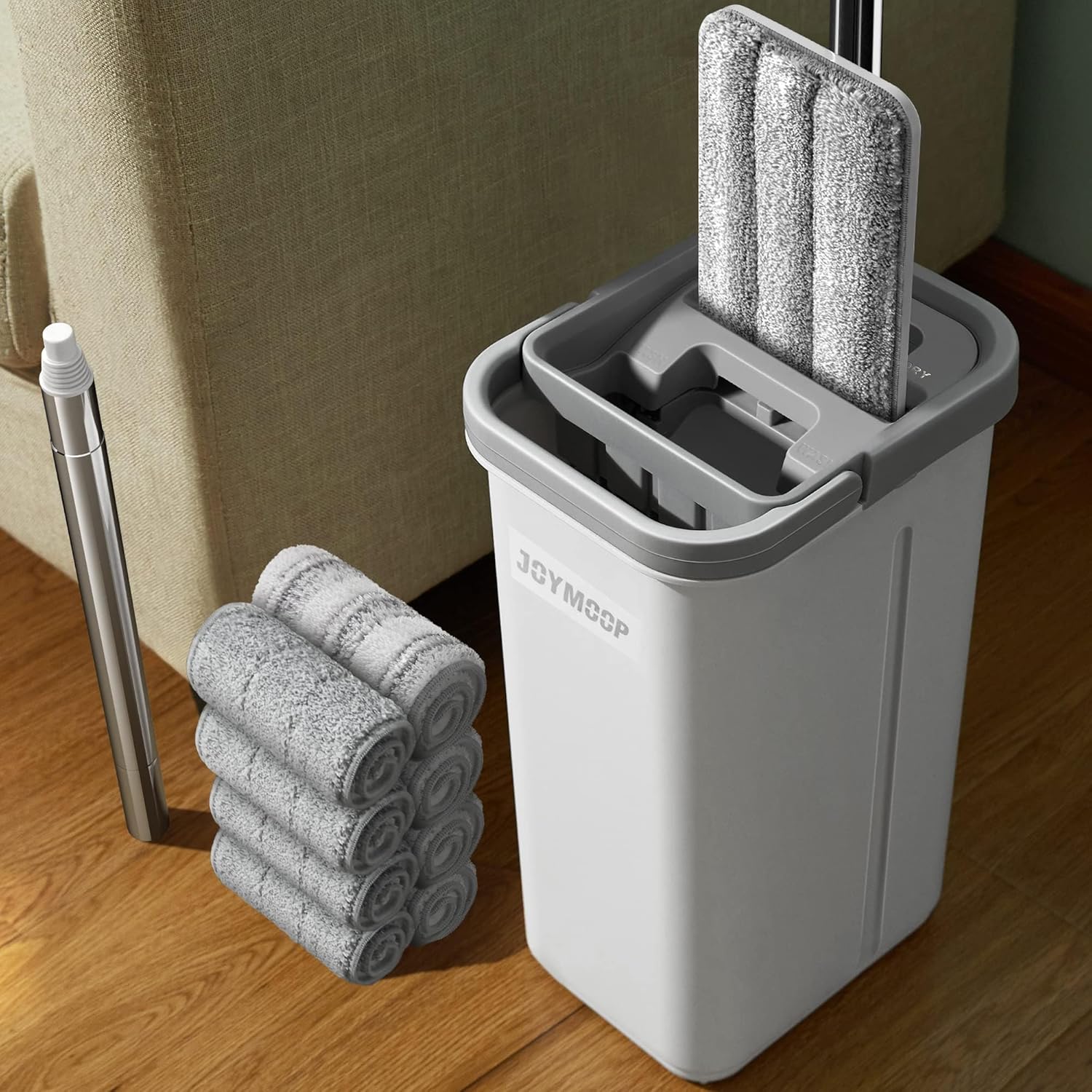 JOYMOOP Mop and Bucket with Wringer Set, Hands Free Flat Floor Mop and Bucket, with 8 Washable