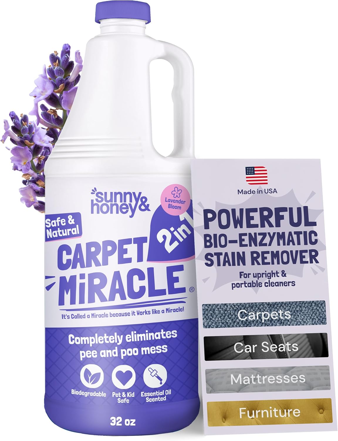 Sunny & Honey Carpet Cleaner Solution - 32 Fl Oz, Light Lavender - Deep Stain Remover & Odor