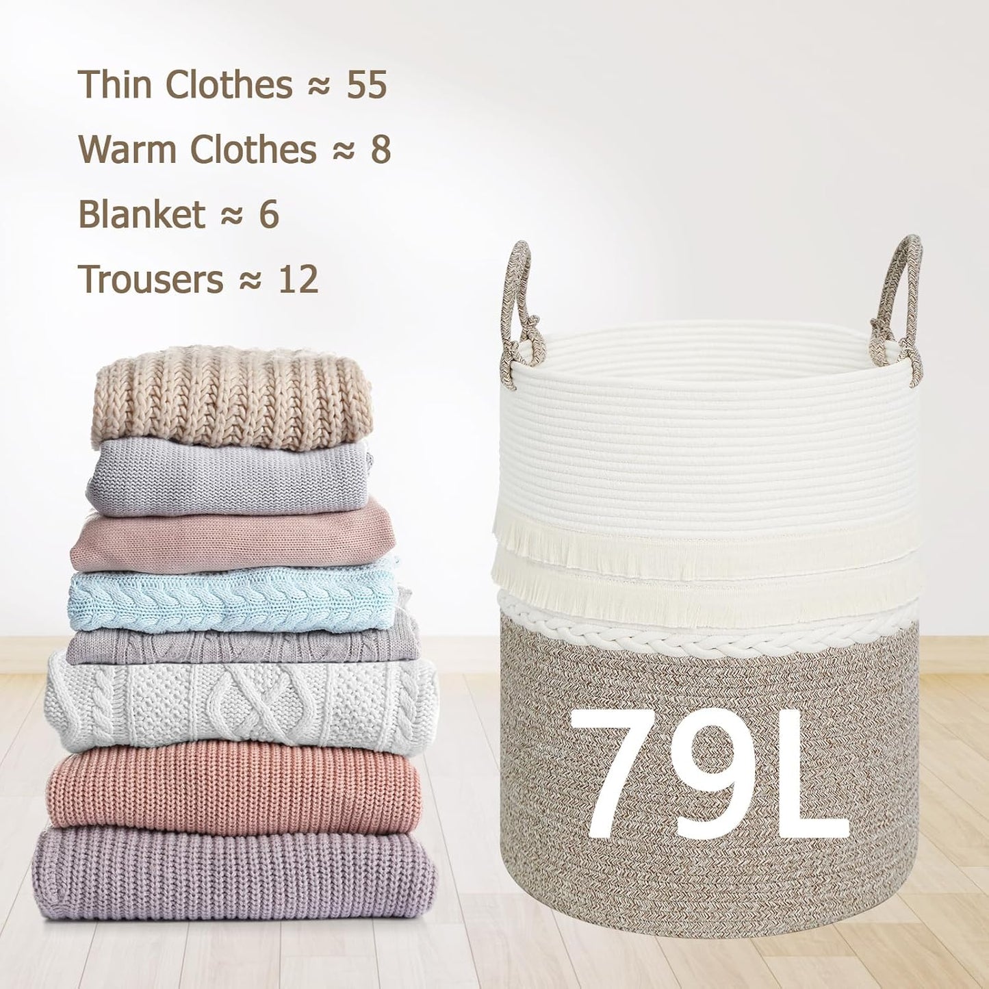 danpinera 79 L Large Laundry Basket, Tall Woven Cotton Storage Hamper with Handles, Dirty Clothes