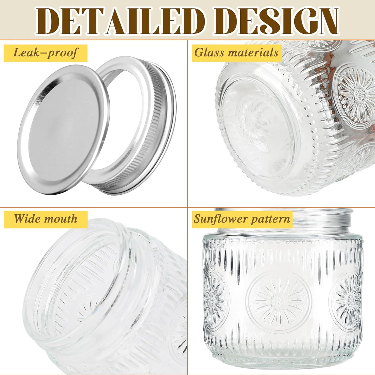 Mason Jars 8 oz - Vintage Small Glass Mason Jars with Silver Metal Lids, Regular Mouth Canning
