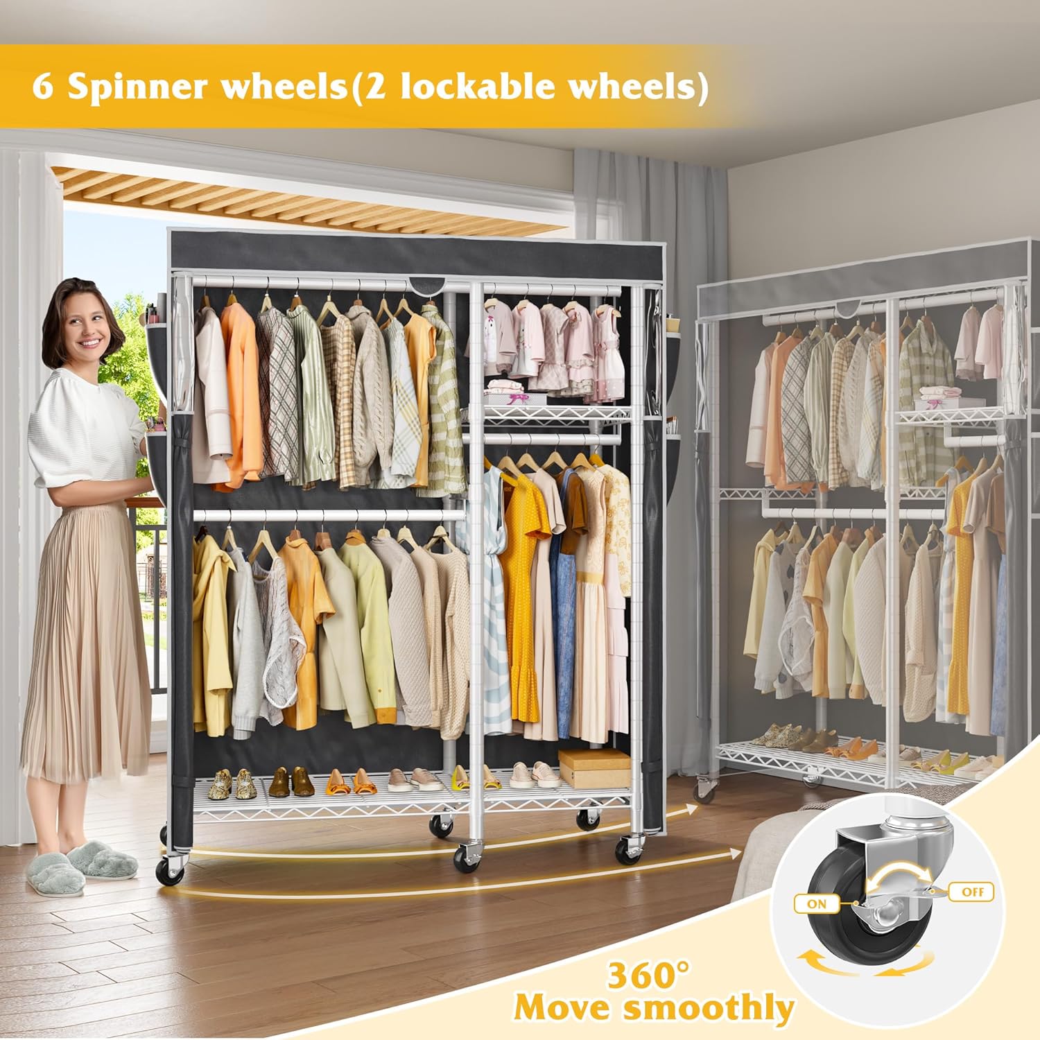 Raybee Clothes Rack with Cover,Clothing Racks for Hanging Clothes with Wheels and Adjustable